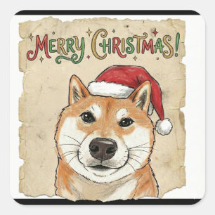 Rustic Vintage Sketch Shiba Inu Christmas Dog Art Square Sticker