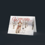 Rustic Vintage Snowman Dog Woodland Winter  Holiday Card<br><div class="desc">This delightful holiday card features an adorable scruffy pup dressed in a red winter hat and scarf, standing beside a tiny snowman in a peaceful snow-covered forest. With soft watercolor textures and a playful spirit, it's the perfect way to spread joy to dog lovers, families, and friends this holiday season....</div>