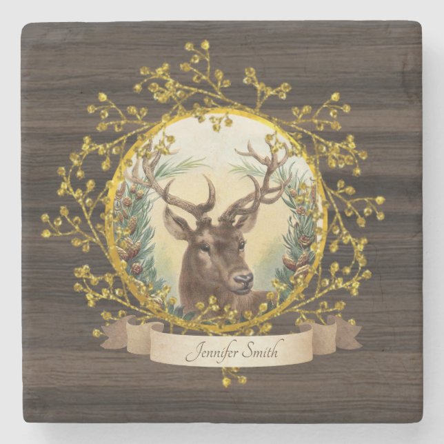 Rustic Vintage STAG Personalized Stone Stone Coaster (Front)