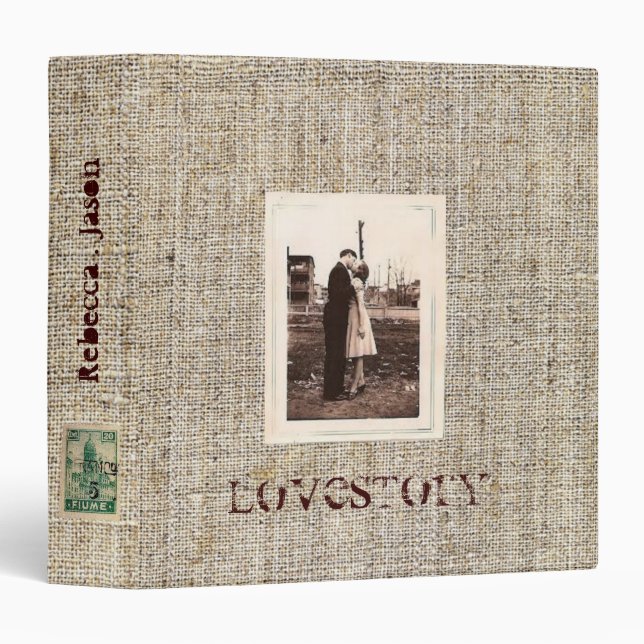 Rustic  vintage stamps burlap country Wedding Binder (Front/Spine)