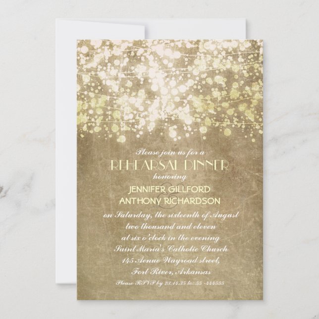 rustic vintage string lights rehearsal dinner invitation (Front)
