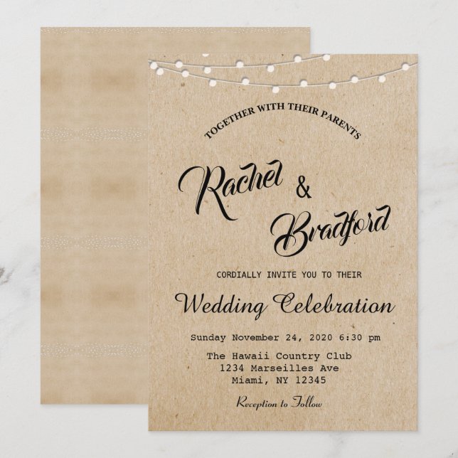 Rustic Vintage String Lights Wedding Invitation (Front/Back)