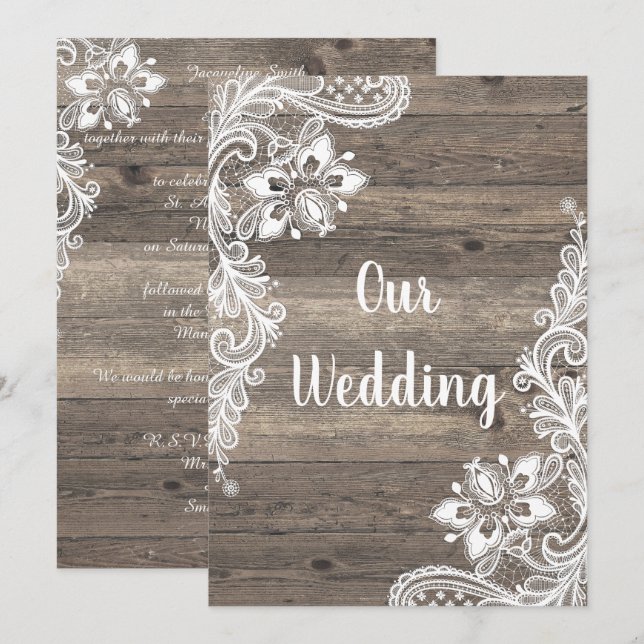 Rustic Vintage Timber White Lace Wedding Invitation (Front/Back)