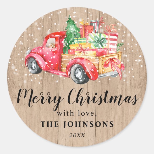 Rustic Vintage Truck | Personalized Christmas Classic Round Sticker (Front)