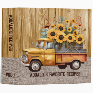 Rustic Vintage Truck Sunflowers Burlap Recipe Binder