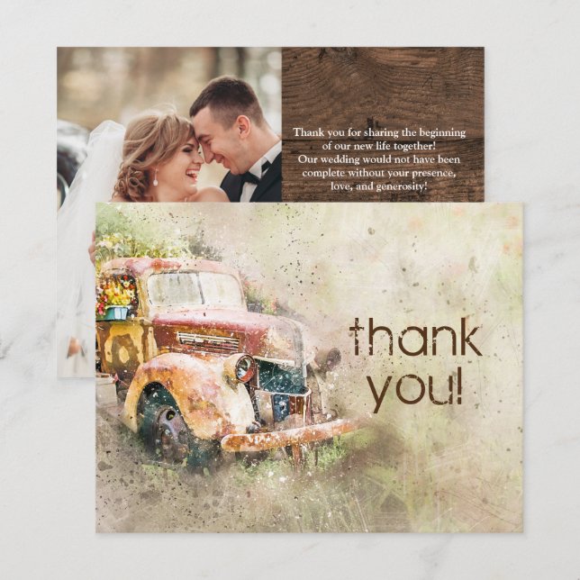 Rustic Vintage Truck Wedding Photo Thank You Invitation (Front/Back)
