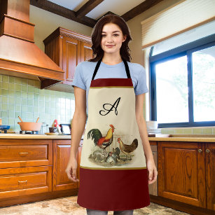 Rustic Vintage Watercolor Colourful Rooster Chicke Apron