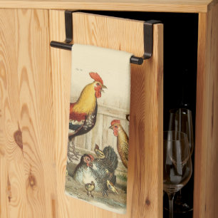 Rustic Vintage Watercolor Colourful Rooster Chicke Kitchen Towel