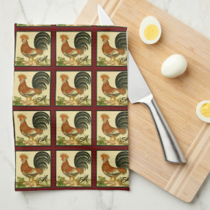 Rustic Vintage Watercolor Rooster Chicken Pattern Kitchen Towel