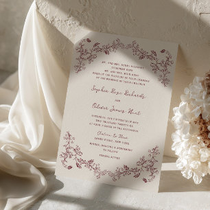 Rustic Vintage Wine Floral Line Art Wedding Invitation