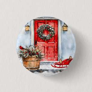 Rustic Vintage Winter Red Christmas Door Wreath 1 Inch Round Button
