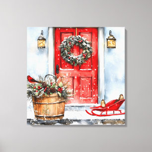 Rustic Vintage Winter Red Christmas Door Wreath Canvas Print