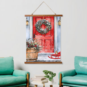 Rustic Vintage Winter Red Christmas Door Wreath Hanging Tapestry