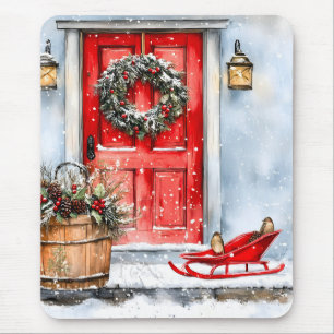 Rustic Vintage Winter Red Christmas Door Wreath Mouse Pad