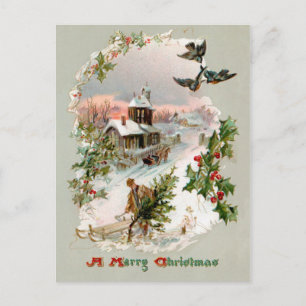 Rustic Vintage Winter Scene with Holly Postcard
