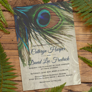 Rustic Vintage Wood Navy Turquoise Peacock Wedding Invitation