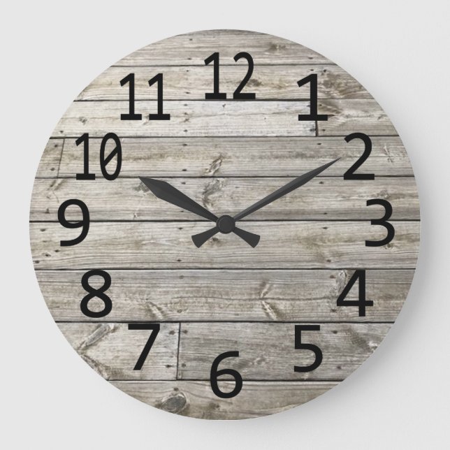 Rustic Vintage Wood Planks Large Black Numbers Clock (Front)