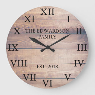 Rustic vintage wood Roman numbers family name Large Clock
