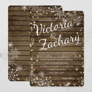Rustic Vintage Wood Snowflakes and Sparkle Wedding Invitation