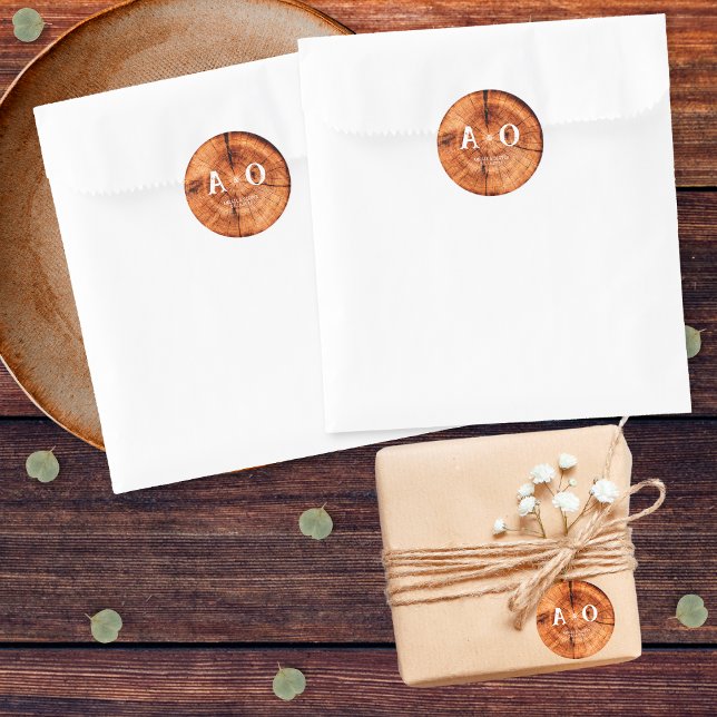 Rustic Vintage Wood Tree Slice Monogram Wedding Classic Round Sticker (Creator Uploaded)