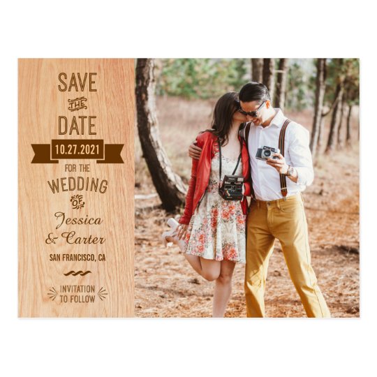 Rustic Vintage Wood Typography Photo Save the Date Postcard