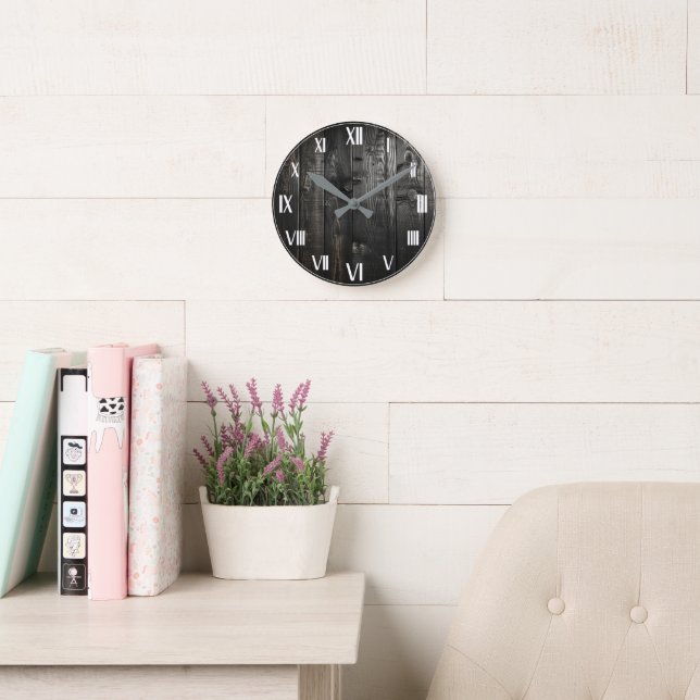 Rustic Vintage Wooden Black Farmhouse Round Clock (Reading Room)