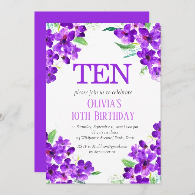 Rustic Violet 10th Birthday Purple Floral Invitation (Front/Back)