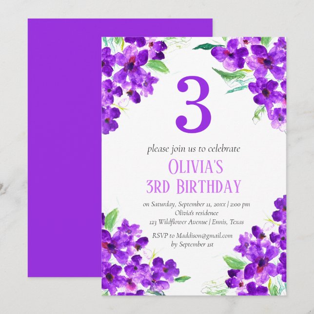 Rustic Violet 3rd Birthday Purple Floral Invitation (Front/Back)