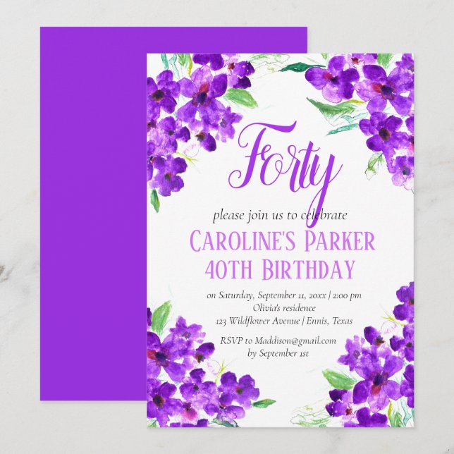 Rustic Violet 40th Birthday Purple Floral Invitation (Front/Back)