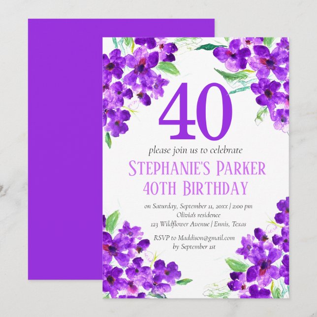 Rustic Violet 40th Birthday Purple Floral Invitation (Front/Back)