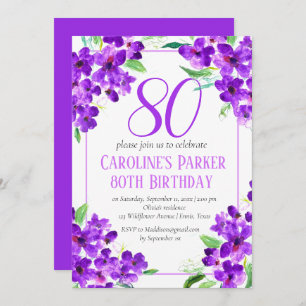 Rustic Violet 80th Birthday Purple Floral Invitation