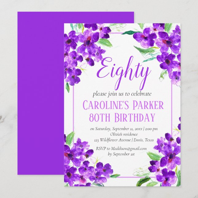 Rustic Violet 80th Birthday Purple Floral Invitation (Front/Back)