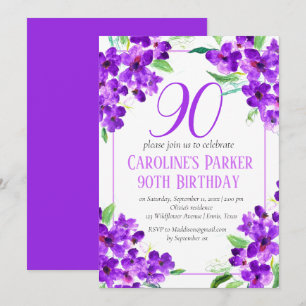 Rustic Violet 90th Birthday Purple Floral Invitation
