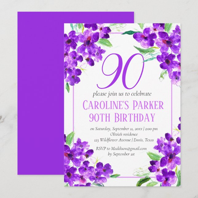Rustic Violet 90th Birthday Purple Floral Invitation (Front/Back)