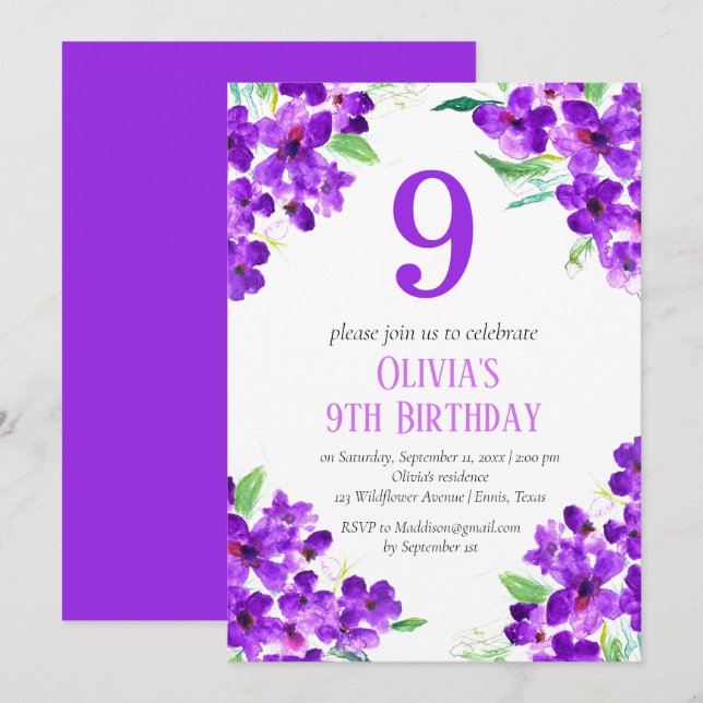 Rustic Violet 9th Birthday Purple Floral Invitation (Front/Back)