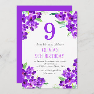 Rustic Violet 9th Birthday Purple Floral Invitation