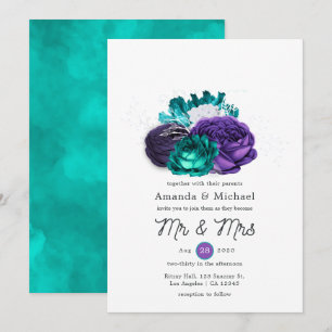 Rustic Violet and Turquoise Floral Wedding Invitation
