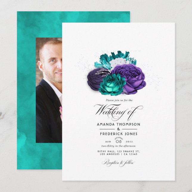 Rustic Violet and Turquoise Floral Wedding Photo Invitation (Front/Back)