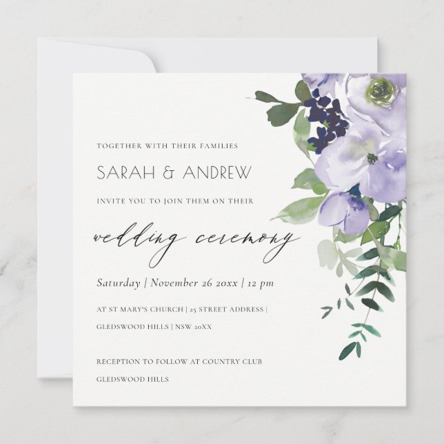 Rustic Violet Purple Floral Leafy Wedding Invite (Front)