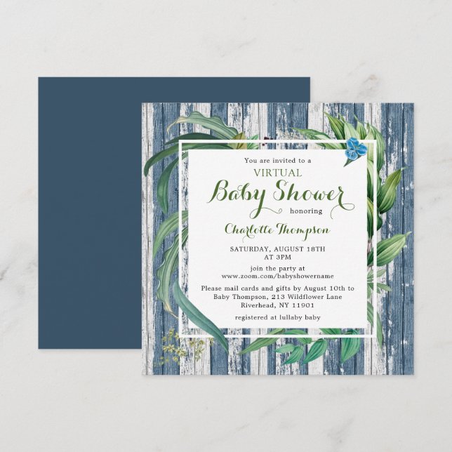 Rustic Virtual Baby Shower Watercolor Green Floral Invitation (Front/Back)