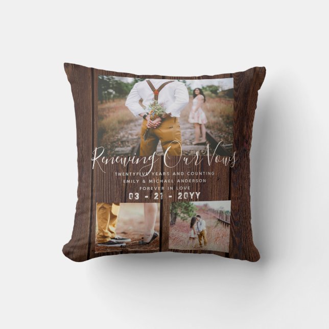 Rustic Vow Renewal Anniversary Photo Collage Throw Pillow (Front)