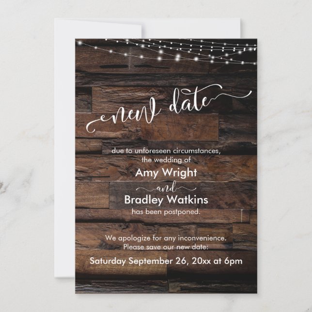 Rustic w/ Lights New Date Postponed Wedding Card (Front)