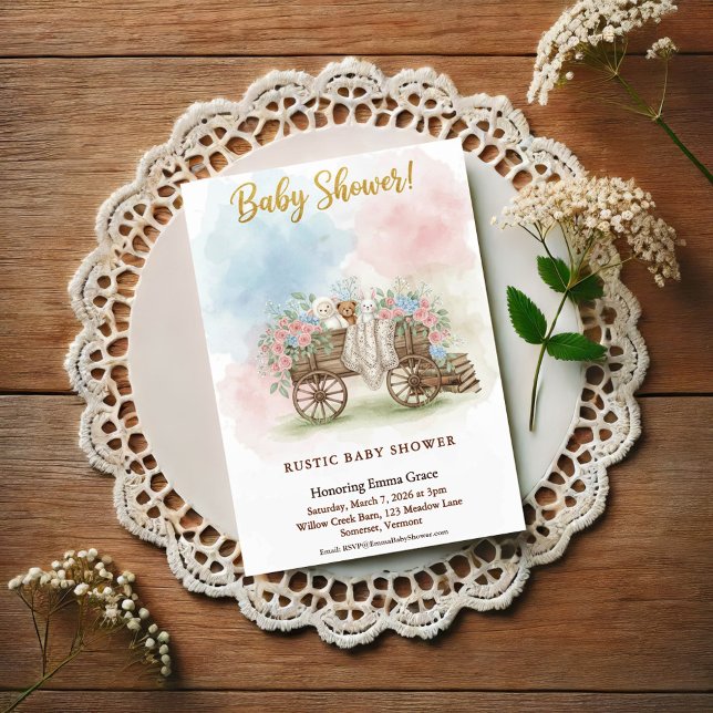 Rustic Wagon Watercolor Floral Baby Shower Invitation (Creator Uploaded)