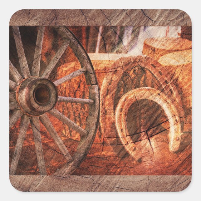 Rustic Wagon Wheel Horseshoes Western Style Square Sticker (Front)