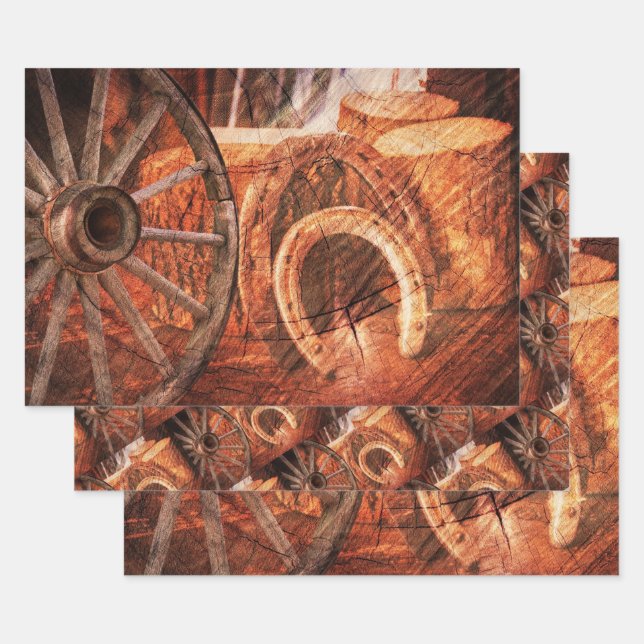 Rustic Wagon Wheel Horseshoes Western Style Wrapping Paper Sheet (Set)
