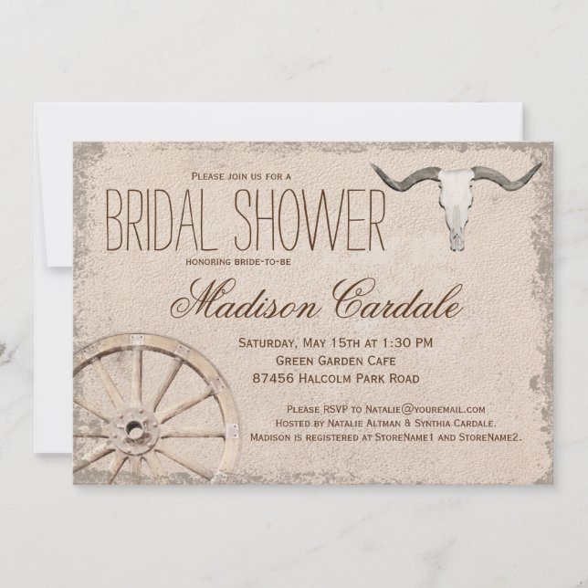 Rustic Wagon Wheel Longhorn Bridal Shower Invitation (Front)