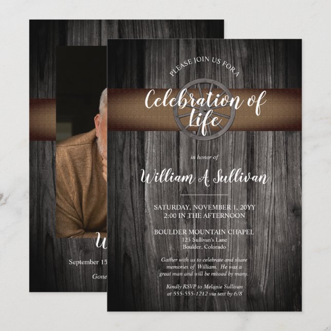Rustic Wagon Wheel Wood Photo Celebration of Life Invitation (Front/Back)