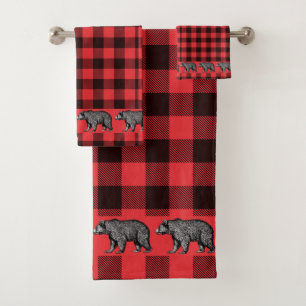 Rustic Walking Bear Buffalo Plaid Bath Towel Set