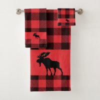 Rustic Walking Moose Buffalo Plaid Bath Towel Set