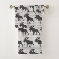 Rustic Walking Moose Shiplap Wood  Bath Towel Set